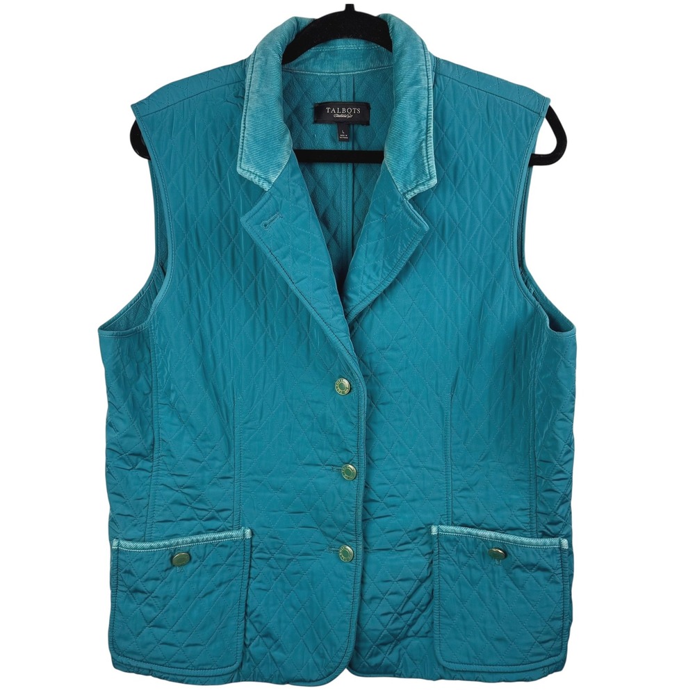 Talbots Established‎ 1947 Quilted Vest Women's Large Teal Corduroy Collar Preppy